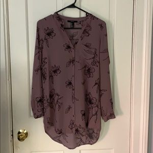 Extra long button down floral print purple blouse
